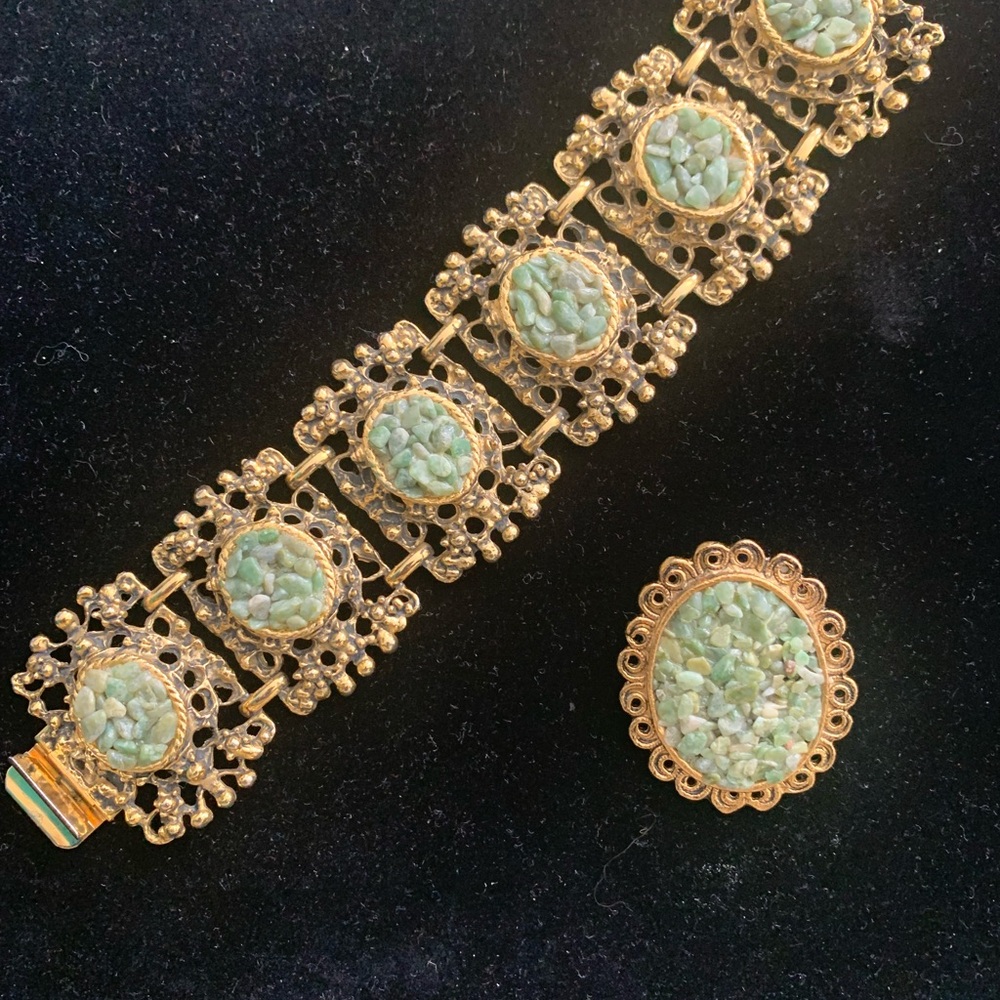 Gold and JADE Bracelet and BROOCH Set